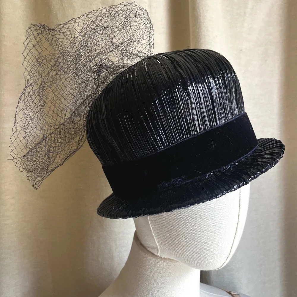 Vintage‎ Navy Blue Veiled Pillbox Hat Fascinator 1950s Style